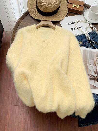 Women's Cream Yellow Comfortable Plush Knit V-Neck Sweater, Long Sleeve Regular Loose Fit Pullover, Ideal Choice For Autumn/Winter Fall
