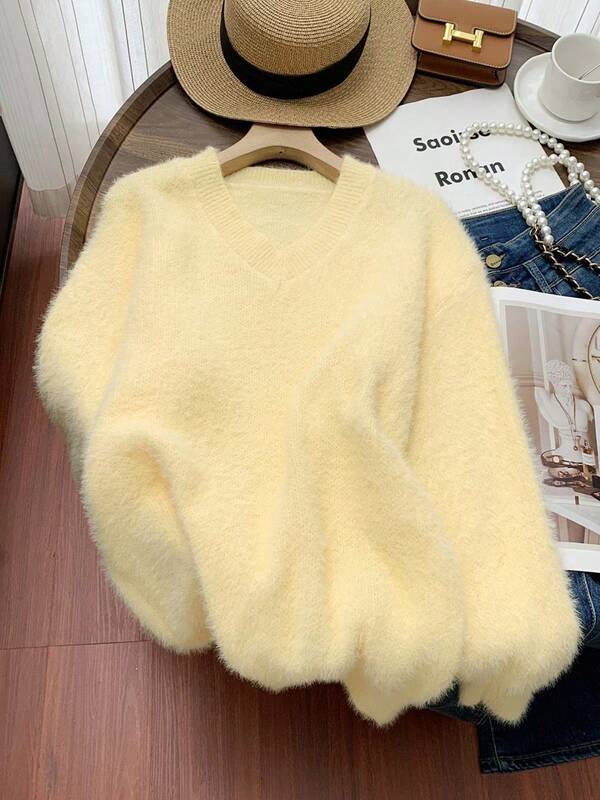 Women's Cream Yellow Comfortable Plush Knit V-Neck Sweater, Long Sleeve Regular Loose Fit Pullover, Ideal Choice For Autumn/Winter Fall