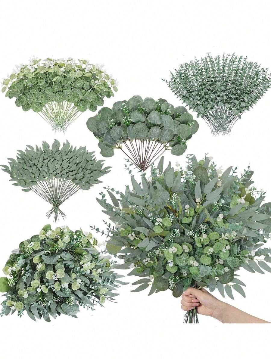 Mixed Artificial Eucalyptus Leaf Branches To Simulate Green Plants, Suitable For Home Decoration, Made Of Plastic Material, Can Be Used To Create Long-Lasting Wedding Bouquets, Romantic Table Decorations, Birthday And Graduation Ceremony Scenes