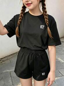 少女卡通印花圆领短袖T恤和短裤套装 - 黑色 - 查看 1