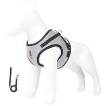 2 Peças Conjunto de Peitoral e Guia de 1,5m para Gato e Cachorro, Conjunto de Colete Reflexivo com Um Clique, Design com Gancho e Fivela, Anéis D Duplos nas Costas, Anel no Peito - Cinza - Visão 4