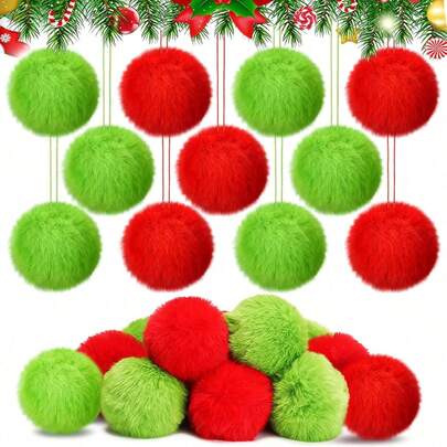 12/24/2 piezas de adornos de bolas de Navidad de peluche verde lima y rojo para árbol, decoraciones colgantes navideñas verdes, adornos de bolas de pompones de piel sintética suave para fiesta de Navidad, árbol y suministros del hogar