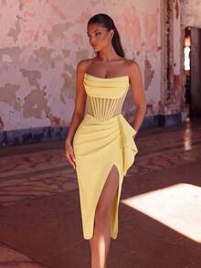 ADYCE Elegant Strapless Ruched Mesh Patchwork Boned High Waist Slit Backless Lace-Up Mid-Length Prom Dress - Yellow - View 6
