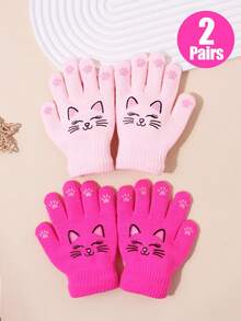 2 Pairs Kids Cute Cartoon Cat Print Knitted Full Finger Gloves, Soft Warm Winter Gloves, Elastic Ribbed Cuff Hand Protection, Suitable For Girls Outdoor Daily Wear - 2Pairs - View 13