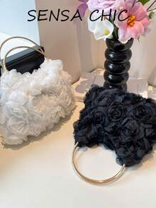 Elegant Floral Evening Handbag, Stereoscopic Rose Design Circular Metal Handle Fashion Bag Suitable For Ladies Prom And Special Events - Multicolor - View 2
