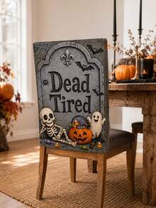 1pc/4pcs/6pcs Gray Halloween Chair Back Cover, Cute Gothic Polyester Dining Chair Slipcover With Dead Tired Tombstone Skeleton Ghost Pumpkin Candy Bat Spider Web Printed Protector For Kitchen, Dining Room, Party, Haunted House And Autumn Home Decor - B - View 8