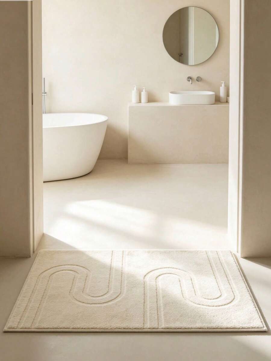 Cream-Style Embossed Line Bathroom Mat, Soft High-Density Plush Surface With Soft Skin-Friendly Touch, Minimalist Double-U Pressed Pattern Design Versatile And Stylish, Suitable For Ins Cute Home Decor. Can Be Placed In Entryway, Bedroom Entrance, Beside Washbasin. Gentle Beige Solid Color Soft Easily Matches Various Soft Furnishing Styles, Simple And Convenient Daily Care, Machine Washable, Can Be Placed At Home Entrance, Balancing High Aesthetics And Daily Practicality. - White - View 1