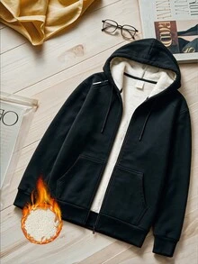 Women's Thick Fleece Lined Hooded Zip-Up Sweatshirt, Solid Black Minimalist Casual Versatile Winter Jacket - Black - View 4