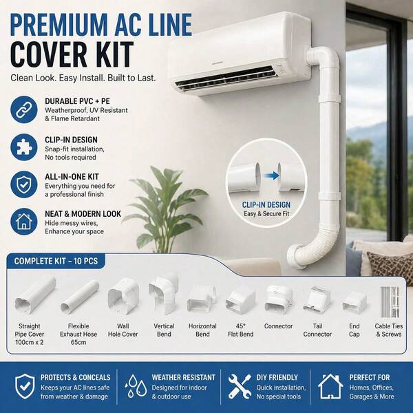 3‑Inch 17.6ft White Mini Split Line Set Cover Kit Heavy‑Duty UV‑Resistant Waterproof PVC Pipe Concealer Flexible Caps Bends Connectors Easy‑Assemble All‑Season HVAC Decorative Cover For Indoor Outdoor Air Conditioner Mounting