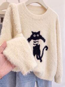 JIANHU Sweater Lengan Panjang Fleece Jacquard Motif Kucing Lucu dengan Kerah Bulat untuk Wanita - Putih - View 2