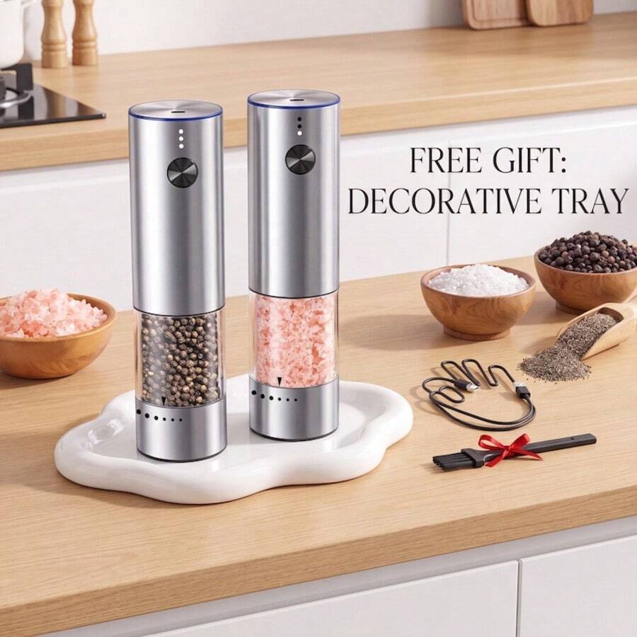 2/1PC [Stainless Steel Grinder] Rechargeable Electric Salt And Pepper Grinder Set, Premium Stainless Steel Automatic Pepper Salt Mill Grinder Set With LED Light, 3.2oz Larger Capacity, 6 Adjustable Coarseness - 3.2盎司*2 - 查看 1