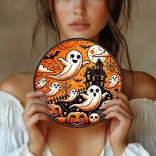 2D Flat Vintage Halloween Iron Wall Decor 8x8 Inch Decorative Plaque, With Cute Ghost, Pumpkin And Haunted House Patterns, Suitable For Home, Cafe, Bar, Office And Club Use, Pre-Drilled Holes, Style As Shown In Size Chart - Multicolor - View 8