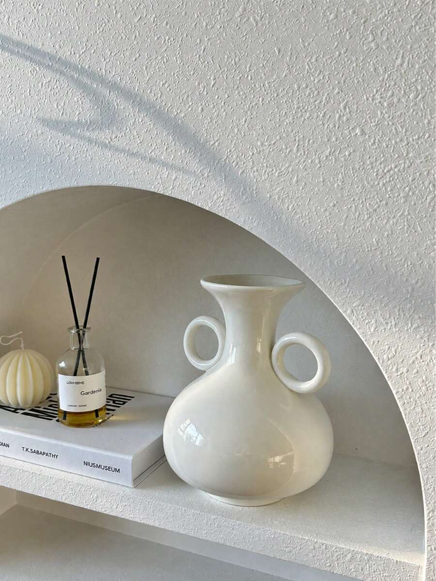 1pc French Vintage White Double Handle Ceramic Vase, Elegant Decorative Vase For Fresh Flowers Or Dried Flowers, Luxury Home Decor For Living Room, Entryway, Dining Table, Shelf, Housewarming, Ramadan And Eid Gift
