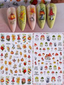 2pcs 3D Self-Adhesive Autumn Maple Leaf & Mushroom Nail Art Stickers, Maple Leaf Pumpkin Apple Floral Cute Nail Design, Thanksgiving Seasonal Nail Decoration, Autumn DIY Nail Supplies - Multicolor - View 10