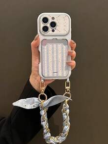 Blue Striped Floral 17/16 Phone Case Compatible With Apple 15/14 Pro Max Card Holder Card Slot 13 Leather Fresh Style 3D Flower Chain Lanyard New INS - Multicolor - View 4
