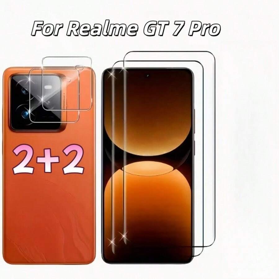 4pcs (2+2), Compatible With Realme GT 7/GT 7 Pro/15 Pro/15T/ Includes 2pcs Ultra Clear Tempered Glass Screen Protector + 2pcs Black High Definition Lens Protector, Ultra Clear Camera Lens Protector Pad Protector Full Coverage Easy Installation Screen Protector