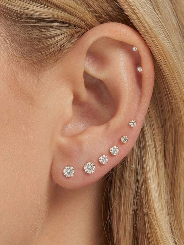 Set Anting Tusuk Stainless Steel CZ Datar Nyaman 8 Buah/4 Pasang, Perhiasan Tindik Telinga Hypoallergenic Berlapis Emas 14K untuk Wanita dan Pria