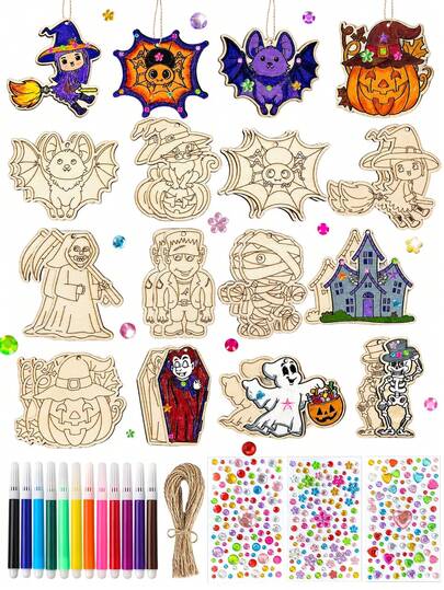 12/24pcs Halloween DIY Wooden Hanging Ornament Set - Unfinished Decor, Children's Painting Set, Includes Pumpkin, Bat, Skull, House And Other Patterns, Comes With Colored Pens, Gem Stickers And Jute Rope Randomly Matched - Creative Painting Activity, Suitable For Children 3 Years And Above, Perfect For Halloween Party, Pajama Party, School Art Project And Art Decoration Hanging Ornaments