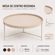 Mesa De Centro Redonda Moderna Para Sala Pés De Ferro - Marrom - Visão 3