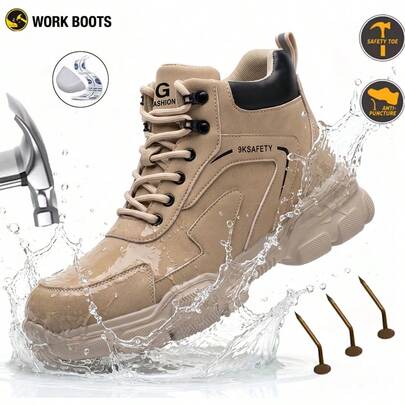 manlegu Khaki Steel Toe Work Boots For Men Women Impact Resistant Lightweight Work Shoes Comfortable Industrial Safety Shoes Resistant Durable For Daily Use