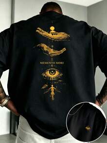 Men's Black Loose Short Sleeve T-Shirt With Gold MEMENTO MORI All-Seeing Eye Print On Back, Mysterious Casual Top - Black - View 1