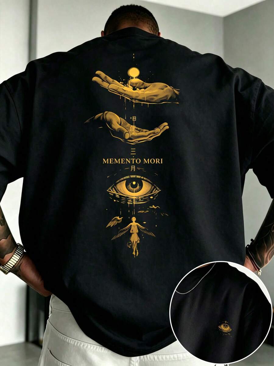 Men's Black Loose Short Sleeve T-Shirt With Gold MEMENTO MORI All-Seeing Eye Print On Back, Mysterious Casual Top - Black - View 1