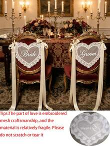 2pcs Lace Bride/Groom Or Married/Newlywed Chair Back Decoration Set, Elegant Transparent Lace Chair Covers With Ribbon, Suitable For Groom And Bride, Newlywed Chair Decor, Suitable For Wedding Ceremony Reception, Proposal Anniversary Party Decoration - View 7