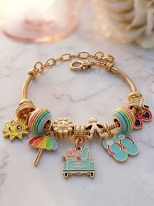 Summer Sun Rainbow Charm Bracelet For Women, Golden Beaded Bracelet With Flip Flops Umbrella Pendant, Cute Vacation Jewelry Gift - Multicolor - View 3