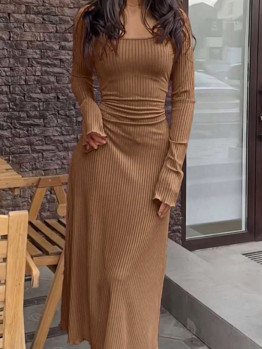 UREREM 210g Vestido de manga larga elegante de primavera, de punto acanalado de unicolor suave, con cuello cuadrado y cordón lateral, ajustado al Body - Café - Ver 1