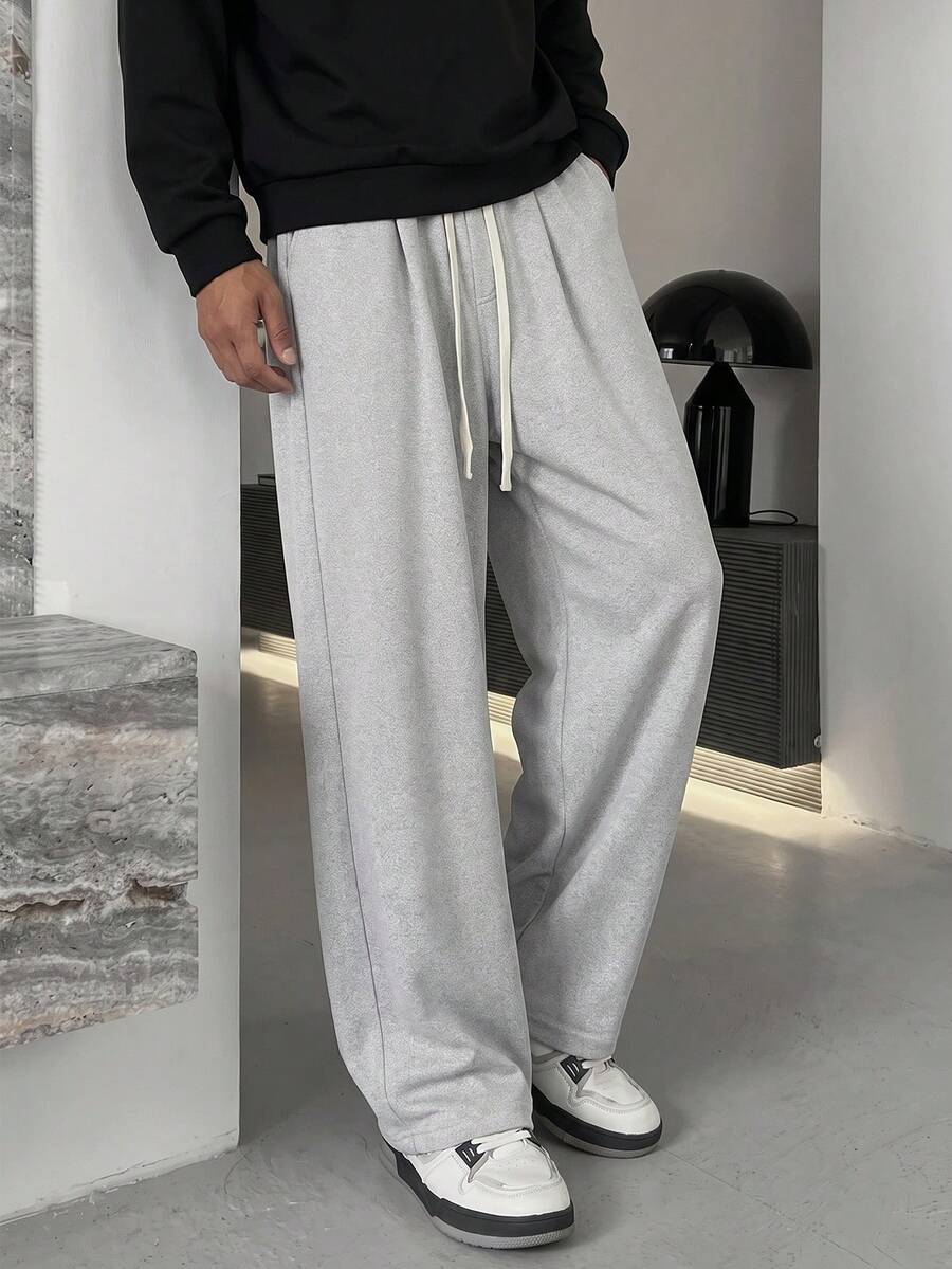 Men's Straight Leg Casual Pants, Drawstring Elastic Waist Solid Color Loose Sweatpants With Pockets, Long Pants - Light Grey - View 1