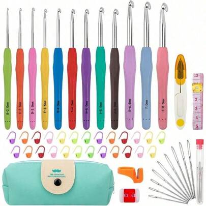 Crochet Hooks 12 Sizes Crochet Hook Set, Yarn Crochet Kit For Beginners, Knitting Needles With Ergonomic Handles For Arthritic Hands, Crochet Needle Kit With Blue Case For Crocheters