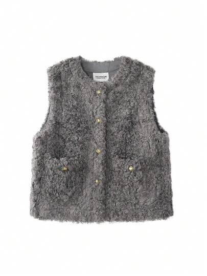 Chic Youthful Vintage Shearling Vest Solid Color Casual Cute Button-Up Jacket For Evening Dates, College, Daily Wear, Autumn/Winter