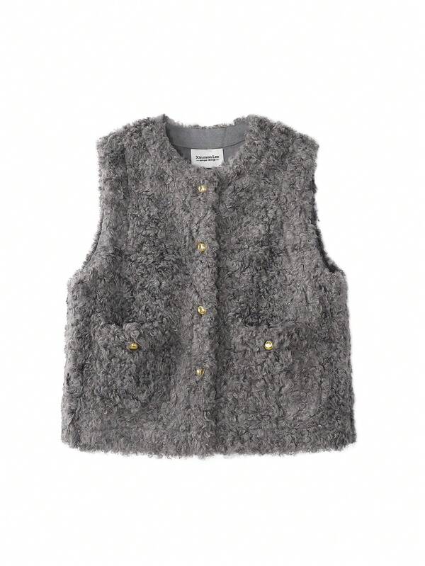 Rompi Shearling Vintage Chic dan Awet Muda, Warna Polos, Kasual, Lucu, Jaket Kancing Depan untuk Kencan Malam, Kuliah, Pakaian Sehari-hari, Musim Gugur/Dingin