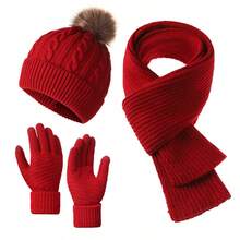 3pcs Winter 2025 New Women's Thermal Lined Cable Knit Pom Pom Hat & Scarf Set, Outdoor Cycling Warm 3 Pieces Set Unisex Solid Color - Multicolor - View 14