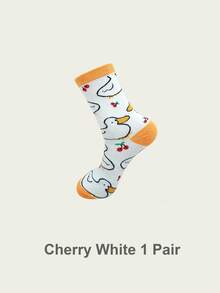 1/5/10 Pairs Women Novelty Cherry Duck Pattern Crew Socks,Soft Breathable Cute Cartoon Graphic Mid-Calf Socks,For Daily Wear&Home Outfit Matching - Multicolor - View 10