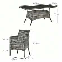 6 Seater Rattan Dining Set Garden Furniture Set, 7 Piece Outdoor Patio Table And Chairs Set With Cushions, PE Wicker Armchairs And Rectangular Table, Grey - Grey - View 4