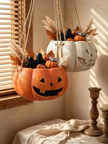Cesta de almacenamiento colgante de calabaza de Halloween, organizador de pared colgante de calabaza naranja y blanca, estante de adorno mini de estilo campestre vintage, adecuado para decoración del hogar gótica, decoración de otoño, maceta colgante para plantas suculentas y cubo de almacenamiento de decoración de Halloween pequeña - Multicolor - Ver 2
