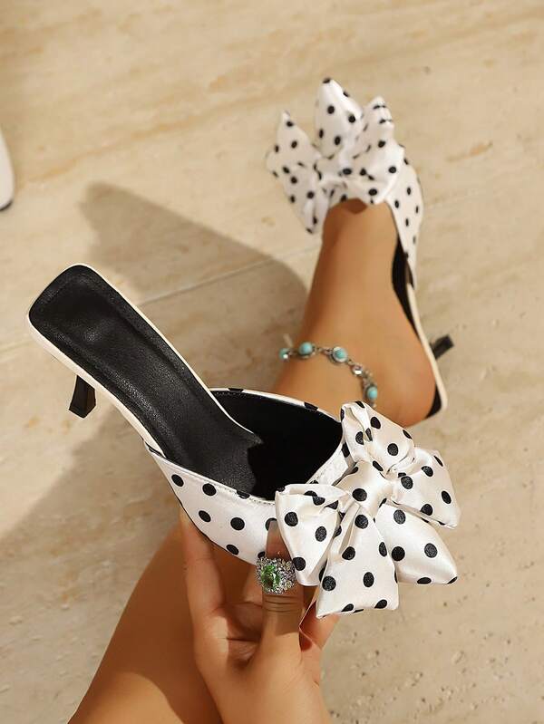 Multi-Season Polka Dot Pointed Mule Slides, Thin Stiletto Heels With Big Bow, Relaxed Luxury Style For Outdoor Galas & City Strolls