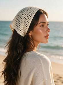 1 pezzo Bandana triangolare in stile boho con lavorazione a maglia traforata all'uncinetto, copricapo regolabile con laccio posteriore, decorazione per capelli per spiaggia, viaggi, vacanze e servizi fotografici - Multicolore - Visualizzare 2