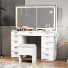 Yitahome Vanity Desk With 11 Drawers & Glass Top, LED Mirror And Stool, Dimmable Dressing Table With Large Mirror For Bedroom - White - View 1