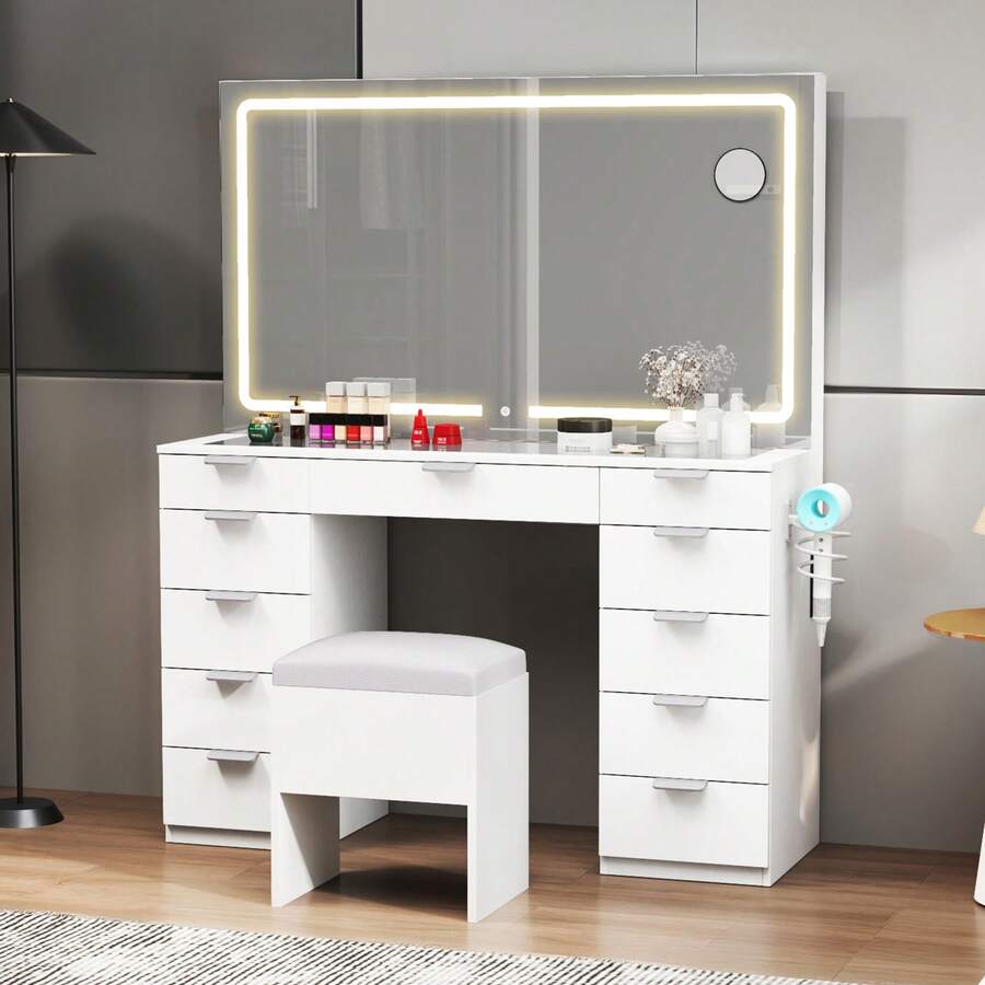Yitahome Vanity Desk With 11 Drawers & Glass Top, LED Mirror And Stool, Dimmable Dressing Table With Large Mirror For Bedroom - White - View 1