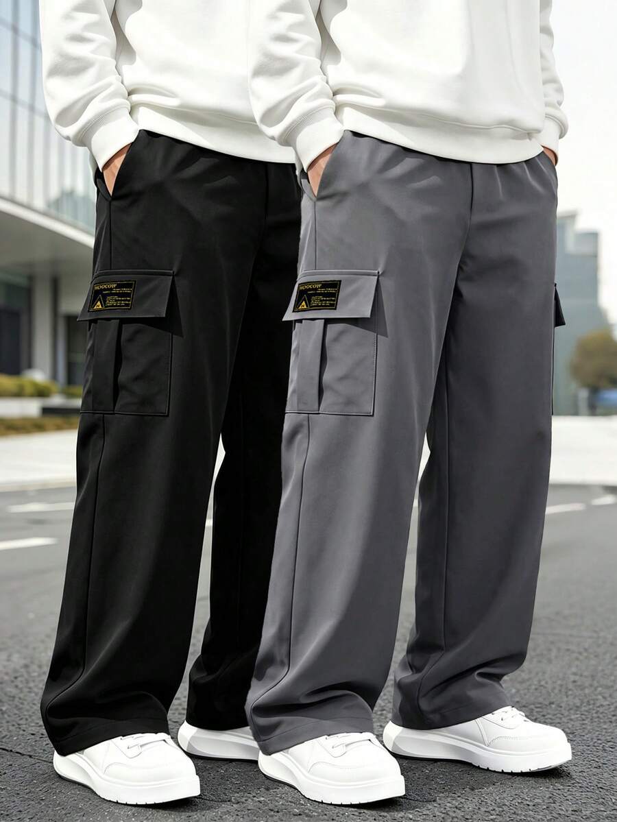 2pcs/Set Tween Boys' Spring/Autumn Straight Leg Cargo Pants, Dual Side 3D Cargo Pockets With Warning Label, Versatile Casual Long Pants For Daily Commute - Multicolor - View 1