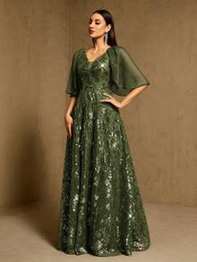 XUCTHHC Elegant Party High-Quality Sequin V-Neck Ruffle Sleeve A-Line Formal Ball Gown, Evening Dress, Wedding Guest, Graduation, Holiday, Autumn/Winter - Olive Green - View 4