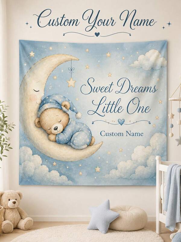 Customized Tapestry With Name, Personalized Image & Text Wall Hanging Banner, Blue Pajama Teddy Bear Happy Birthday Backdrop, Bedroom Decor Custom Image Background, Photography Prop