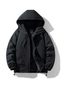 Men's Outdoor Zipper Drawstring Hooded Padded Coat, Casual Outdoor Winter Coat With Zipper Pockets, Men's Jacket - Black - View 4