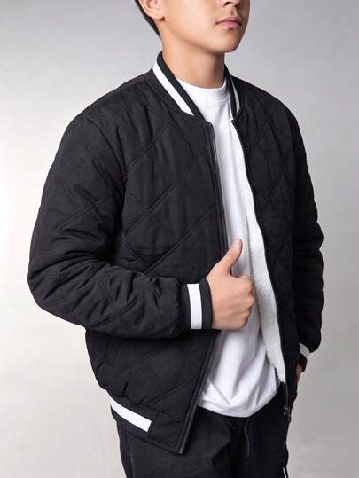 Teen Boys Autumn/Winter Quilted Diamond Baseball Jacket, Thermal Lined Thick Warm Regular Shoulder Jacket