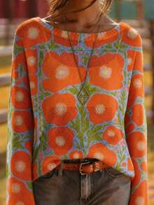 Women Autumn Vintage Floral Print Long Sleeve Knit Top, Boat Neck Loose Lightweight Sweater, Bohemian Casual Blouse For Back To School Daily Wear - Yellow 2.0 - 查看 2
