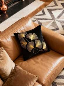 Funda de cojín con estampado de hojas de ginkgo dorado metálico sin relleno - Negro - Ver 2