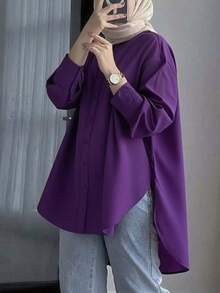 Camisa a cuadros de manga larga para mujer, con cuello y botones delanteros, de tela tejida, con un diseño simple y elegante para la primavera - Morado Violeta - Ver 2
