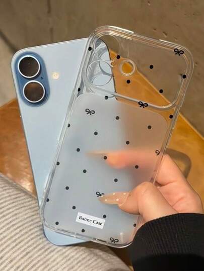 1pc Minimalist Matte Translucent White & Black Polka Dot Bow Pattern TPU Jelly Phone Case, Classic Matte Translucent White, Polka Dot Bow Element, Valentine's Day Phone Case, Compatible With Apple 17 Pro Max/16 Pro Max/15 Pro Max/13/15/16/17 Pro/14/11, Fashion Matte Translucent White Polka Dot Bow Jelly Phone Protective Cover